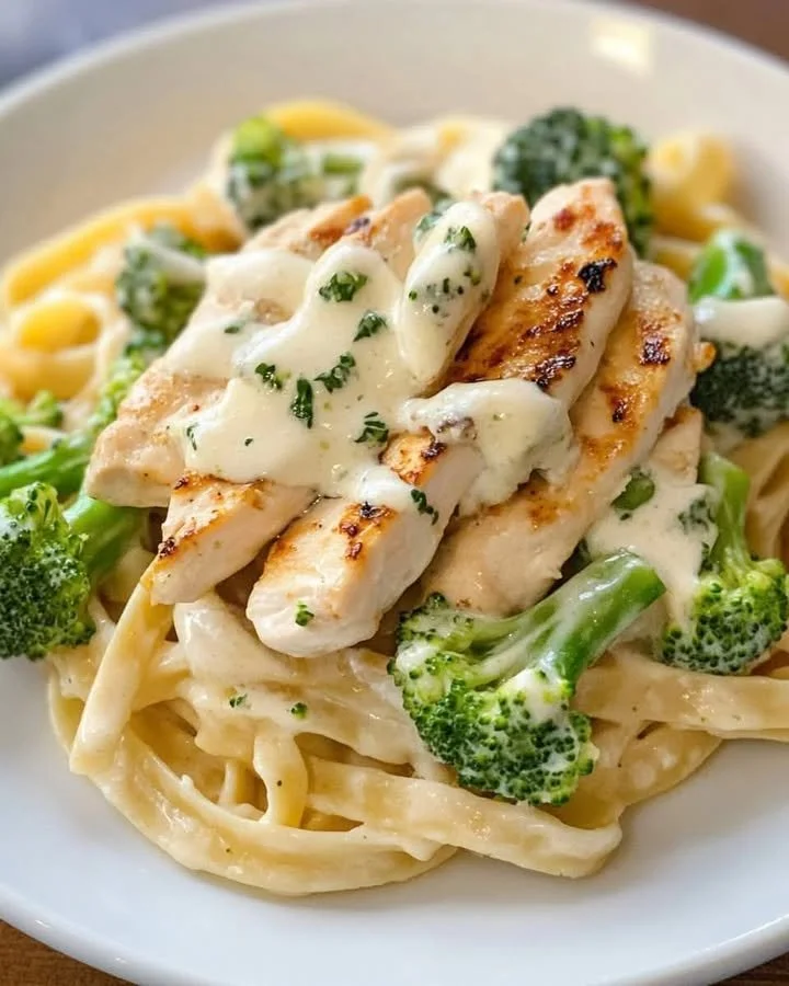 Creamy Garlic Chicken Alfredo with Broccoli and Fettuccine dish on a plate