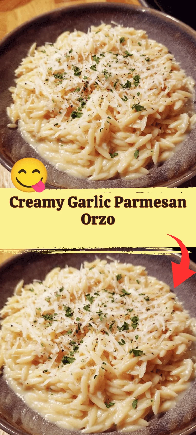 Creamy Garlic Parmesan Orzo served in a bowl garnished with parsley.