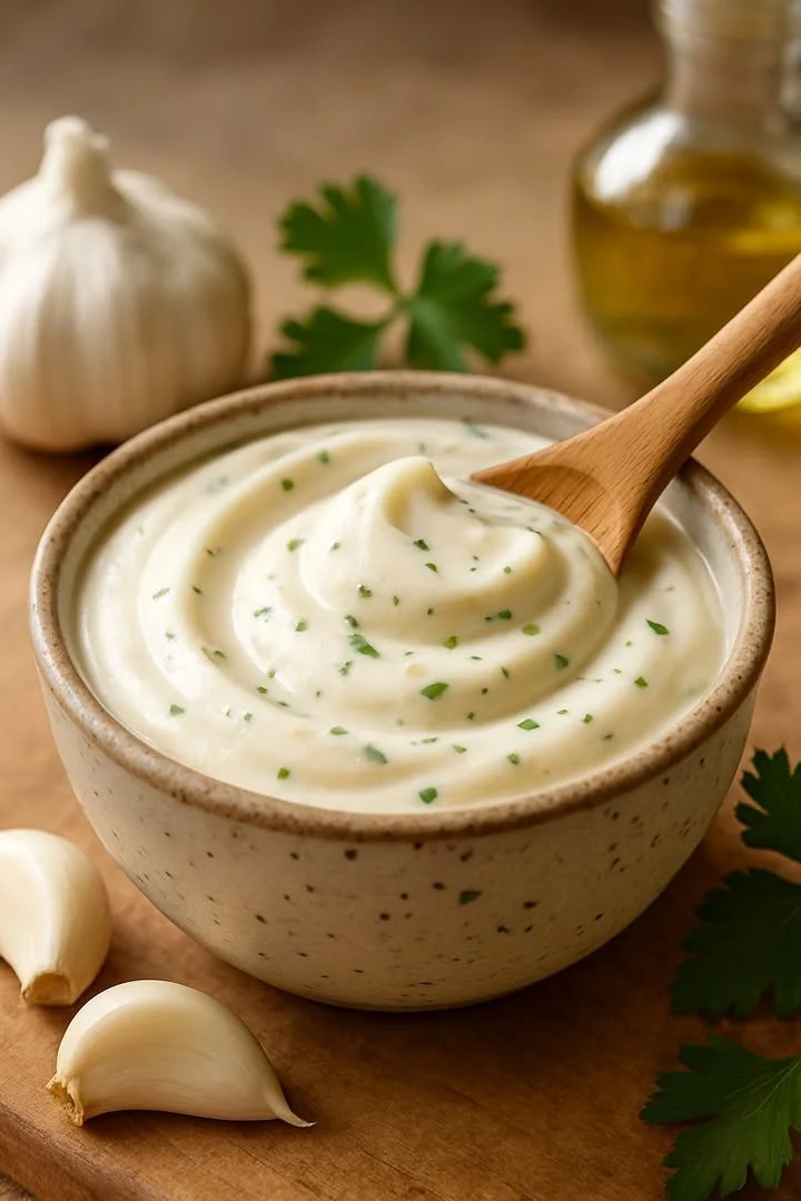 Delicious creamy garlic sauce in a small bowl, perfect for dipping and drizzling.