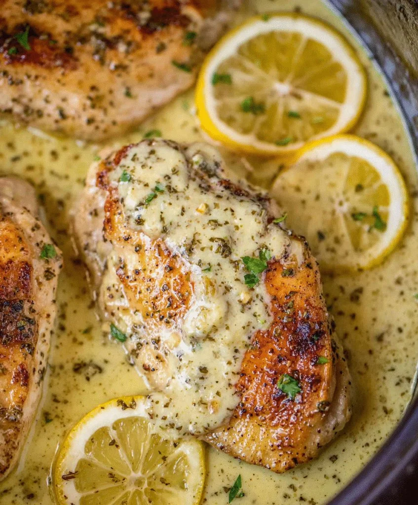 Delicious creamy lemon chicken served on a plate with garnish