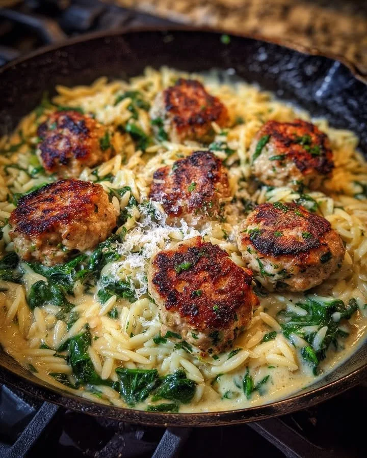 Creamy lemon chicken meatballs with spinach served over garlic orzo pasta