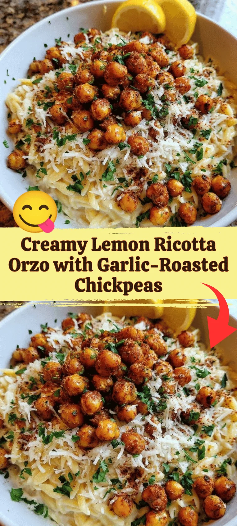 Creamy lemon ricotta orzo with garlic-roasted chickpeas dish