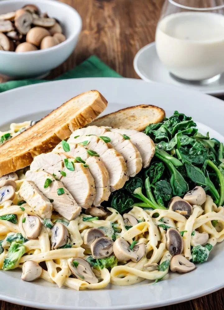 Creamy mushroom fettuccine pasta dish with chicken and spinach in a bowl