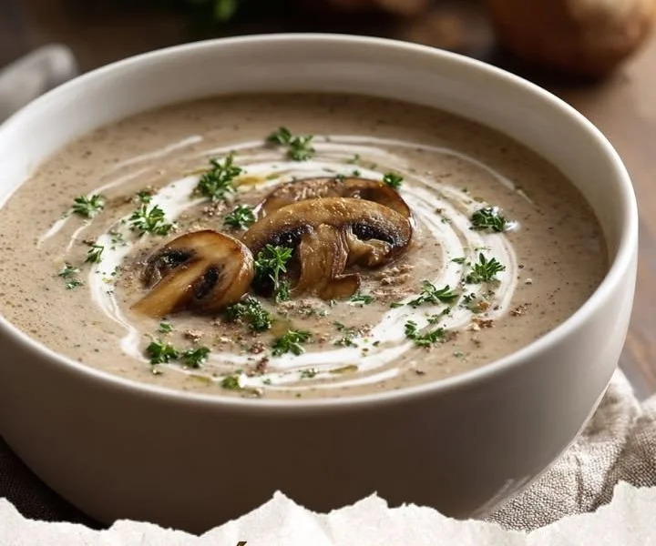Bowl of creamy mushroom soup garnished with fresh herbs