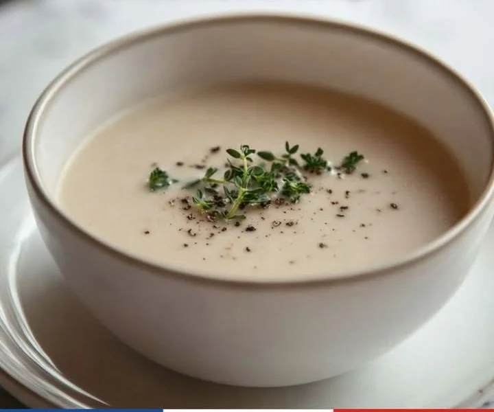 A bowl of creamy mushroom soup garnished with herbs