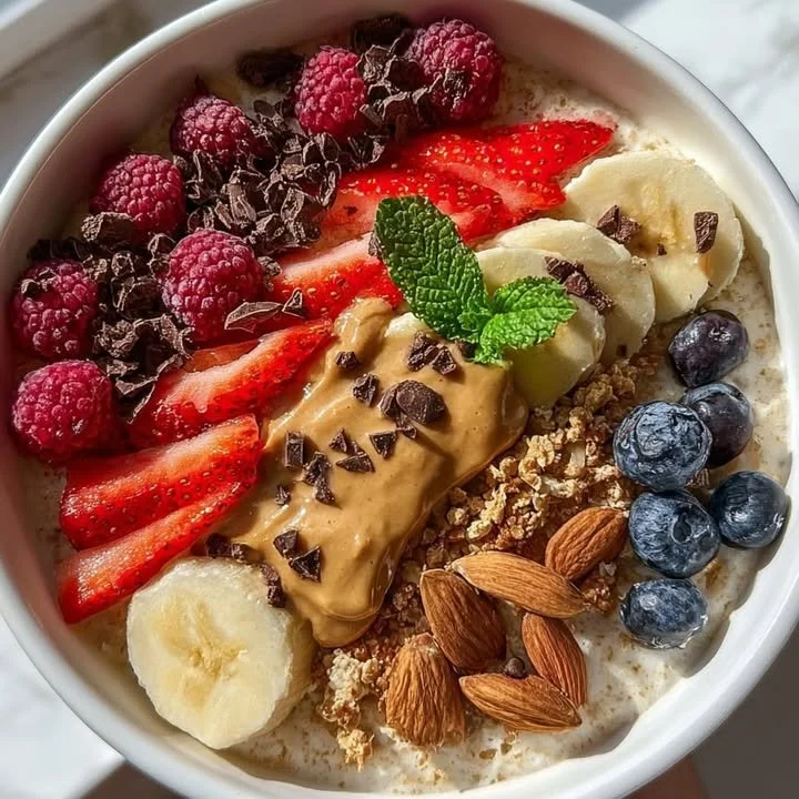 Creamy oatmeal bowl with fruit, nuts, and peanut butter for a healthy breakfast.