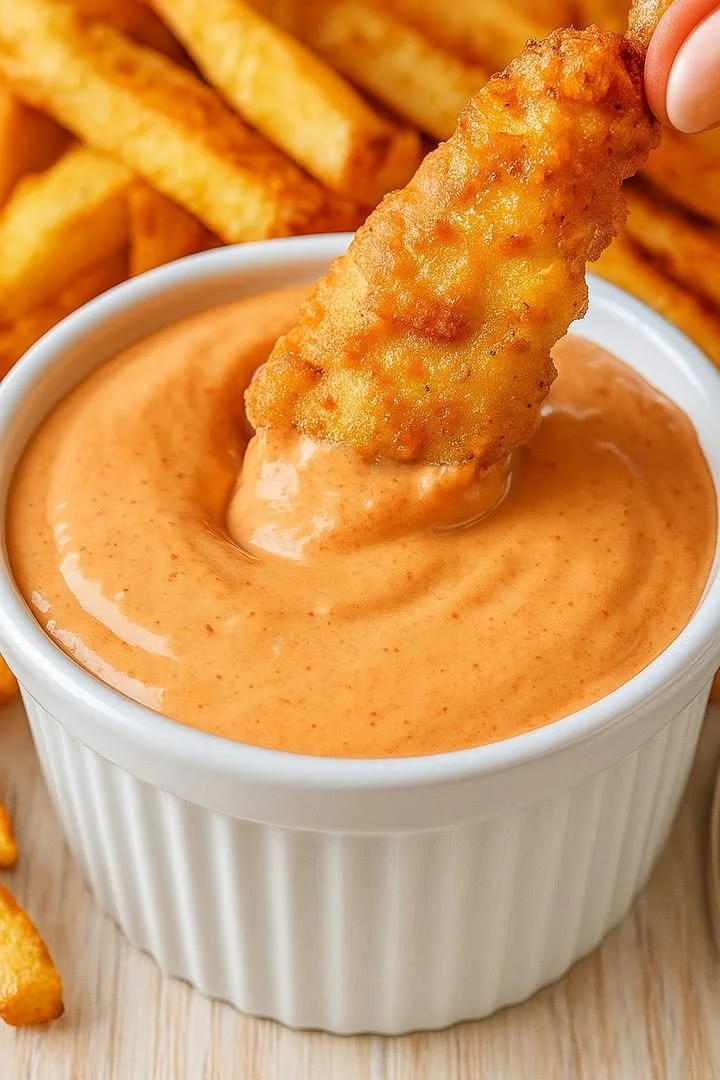 Creamy paprika sauce served with chicken tenders and fries