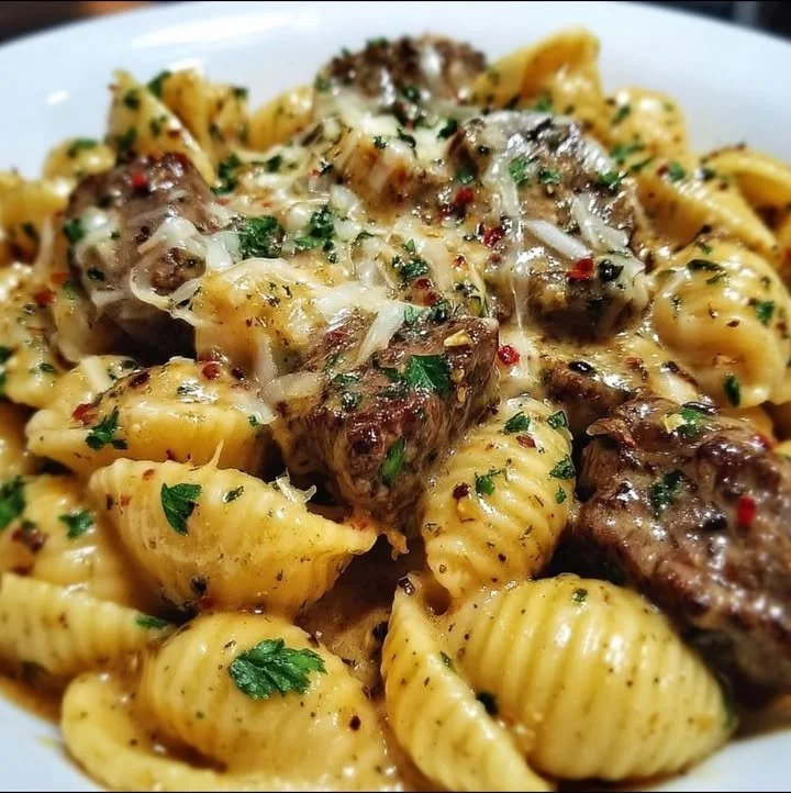 Creamy paprika steak pasta shells with vibrant sauce and tender beef.