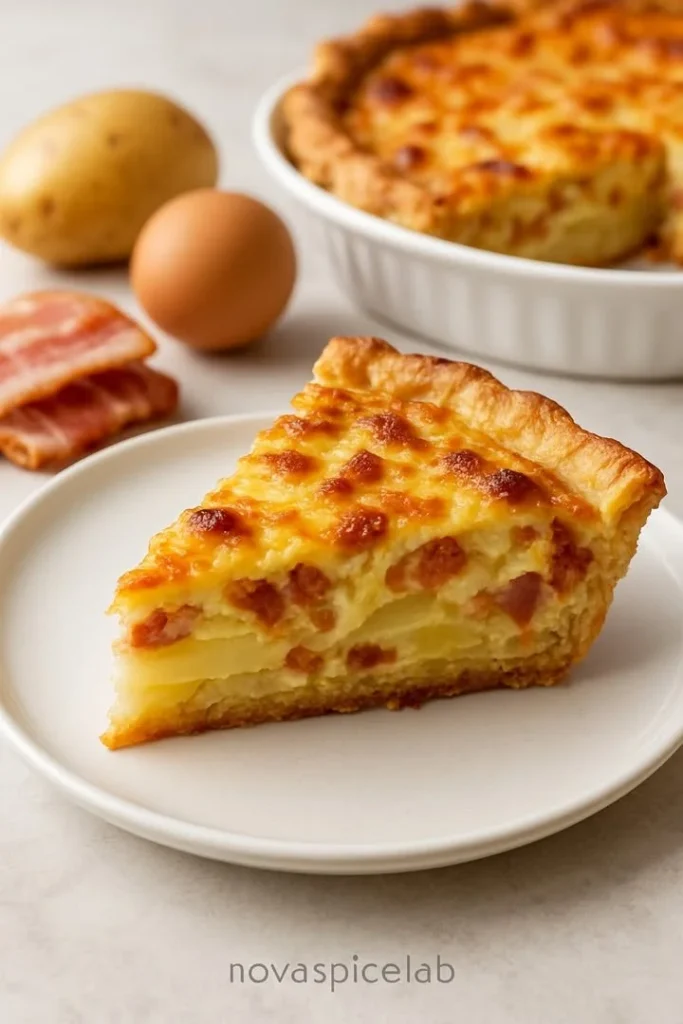 Creamy potato bacon quiche served on a plate with a garnish