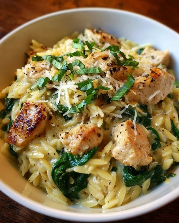 Creamy ricotta chicken served with orzo in a skillet