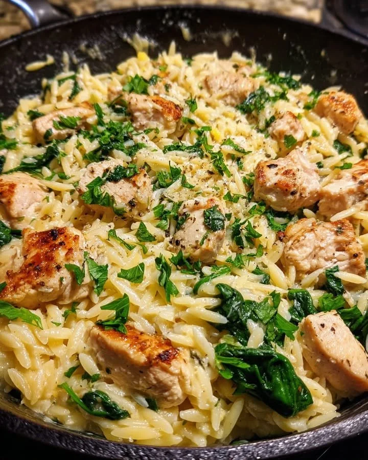 Creamy ricotta chicken and orzo skillet topped with herbs