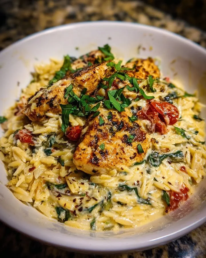 Creamy Ricotta Chicken and Orzo Skillet in a frying pan garnished with herbs