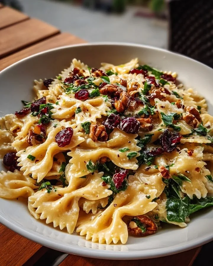 Creamy ricotta salad with farfalle pasta, cranberries, and citrus vinaigrette