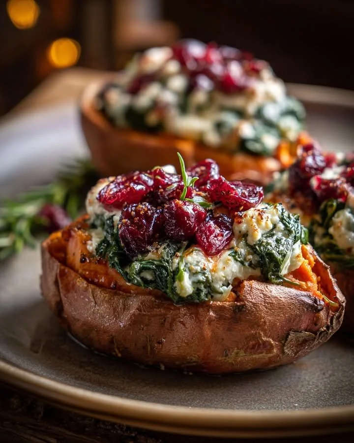 Creamy ricotta and spinach stuffed sweet potatoes with balsamic cranberry glaze