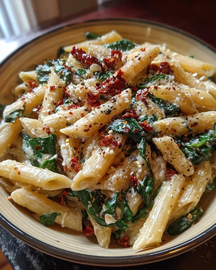 Creamy sun-dried tomato and spinach pasta dish served in a bowl