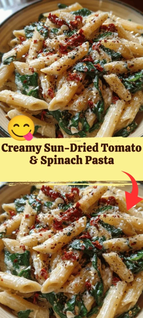 Creamy sun-dried tomato and spinach pasta served in a bowl
