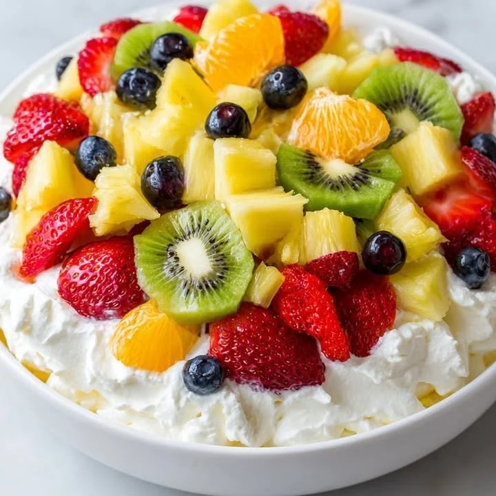 Creamy whipped fruit salad with colorful mixed fruits and fluffy whipped cream