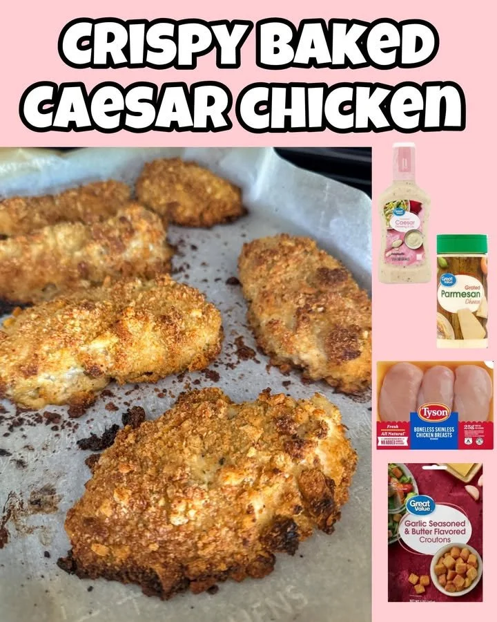 Crispy baked caesar chicken garnished with parmesan and herbs