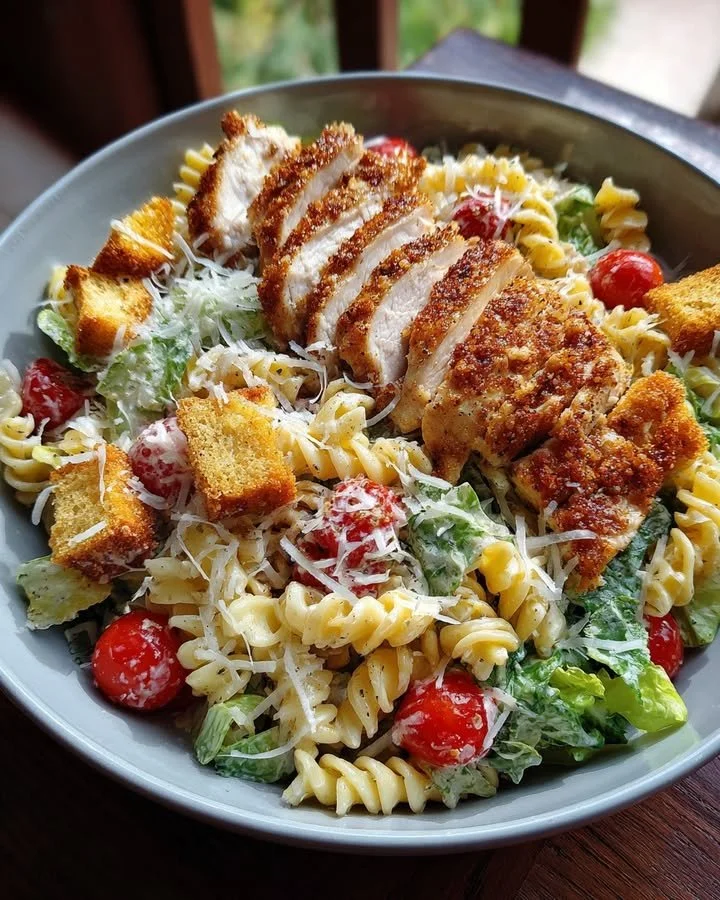 Crispy Chicken Caesar Pasta Salad with grilled chicken, romaine, and Caesar dressing