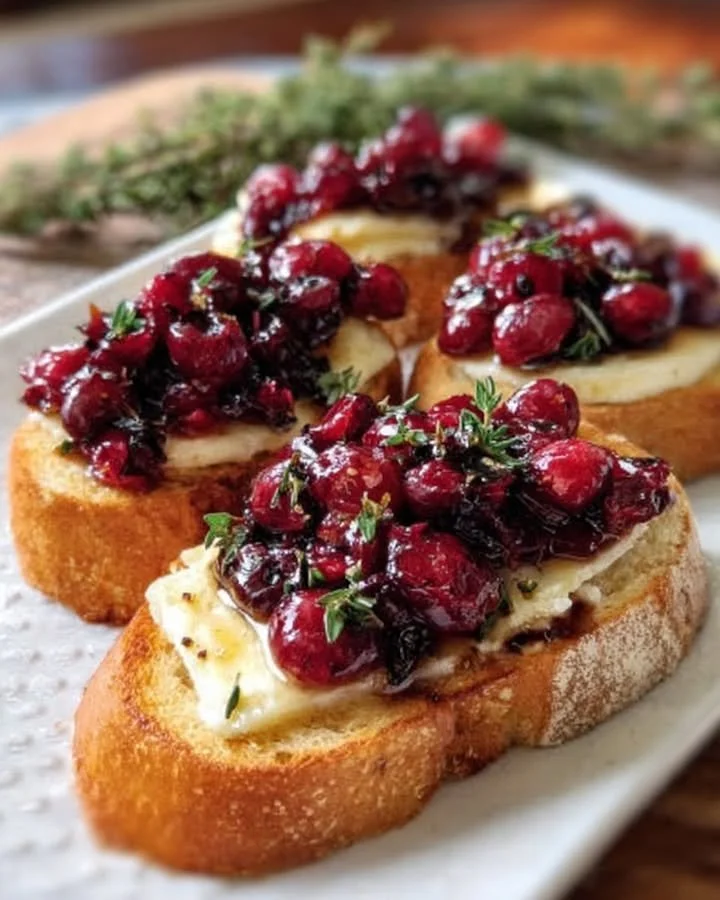 Crispy crostini with balsamic roasted cranberries and creamy brie cheese