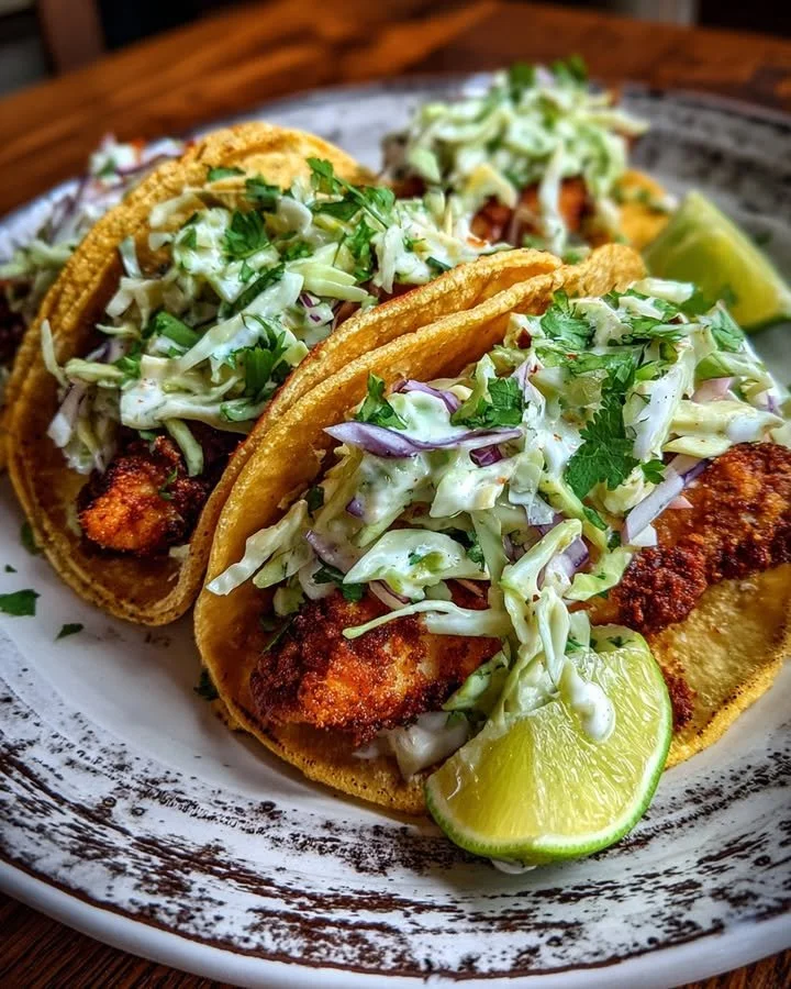 Crispy fish tacos served with cilantro lime slaw on a wooden platter.