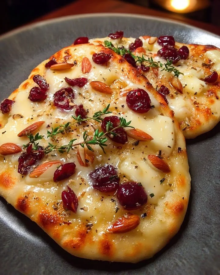 Crispy flatbread topped with brie, cranberries, and toasted almonds for a delicious appetizer.
