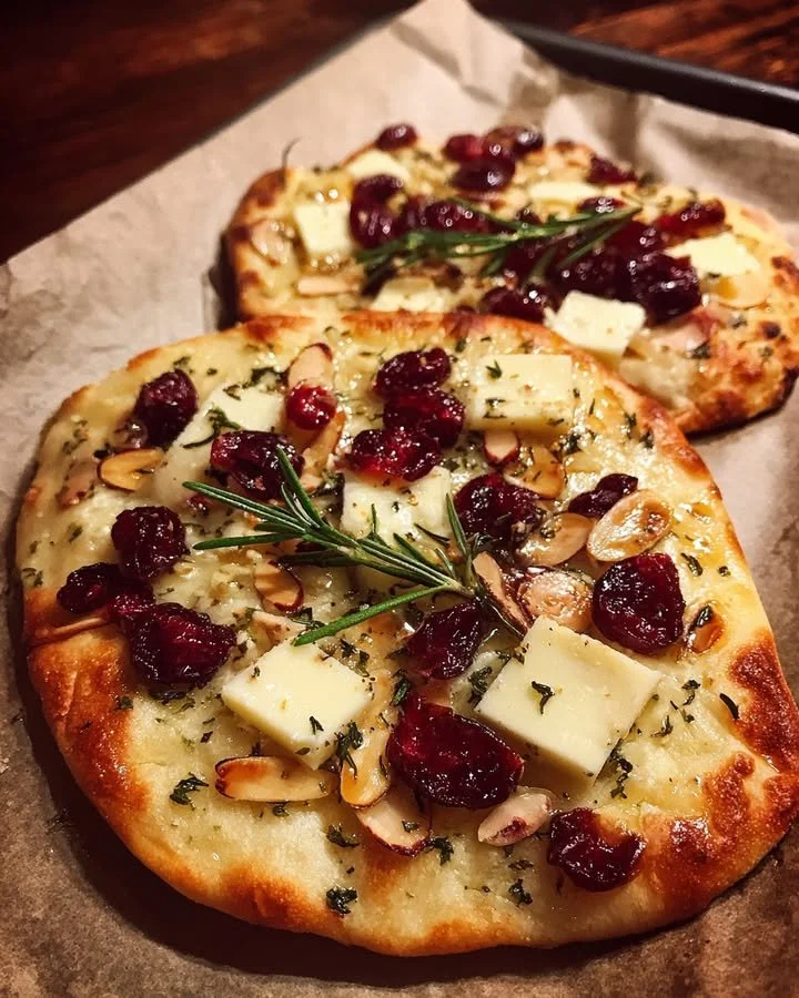Crispy flatbread topped with brie, cranberries, and toasted almonds on a plate.