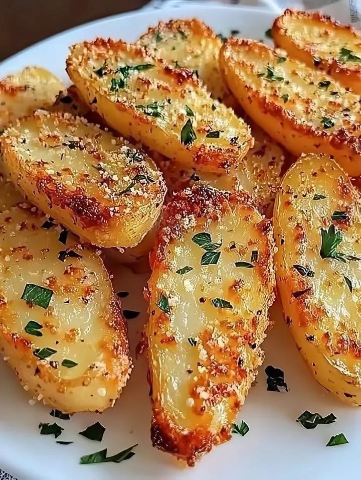 Crispy garlic-parmesan smashed potatoes served as a delicious side dish.