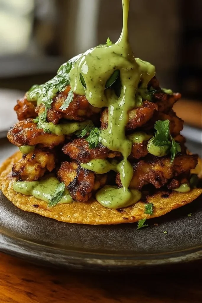 Crispy honey lime chicken tostada towers with avocado lime drizzle on top