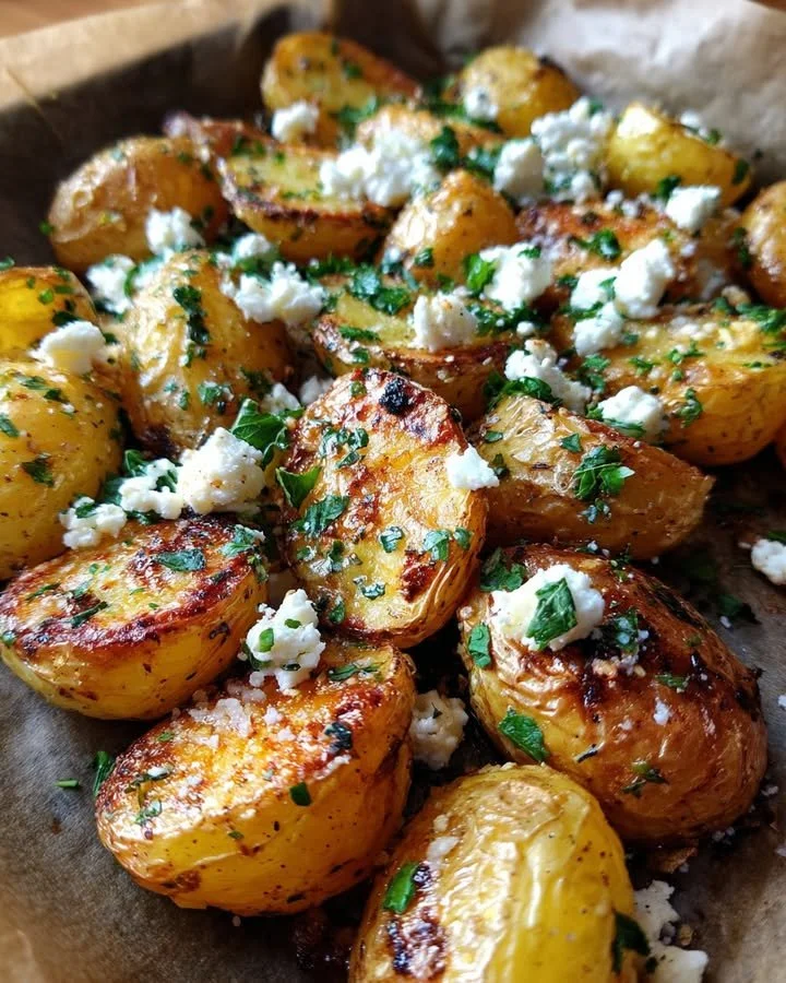 Crispy lemon-feta roasted potatoes garnished with herbs on a plate