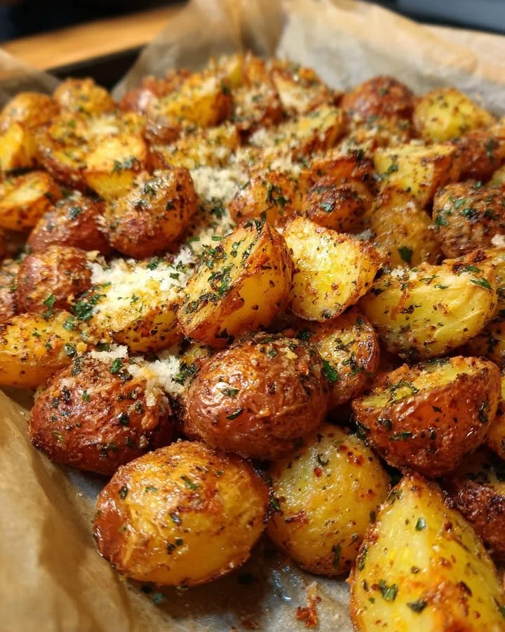 Crispy Parmesan and Garlic Roasted Potatoes served on a plate