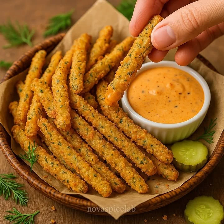 Crispy pickle fries served with dipping sauce on a plate