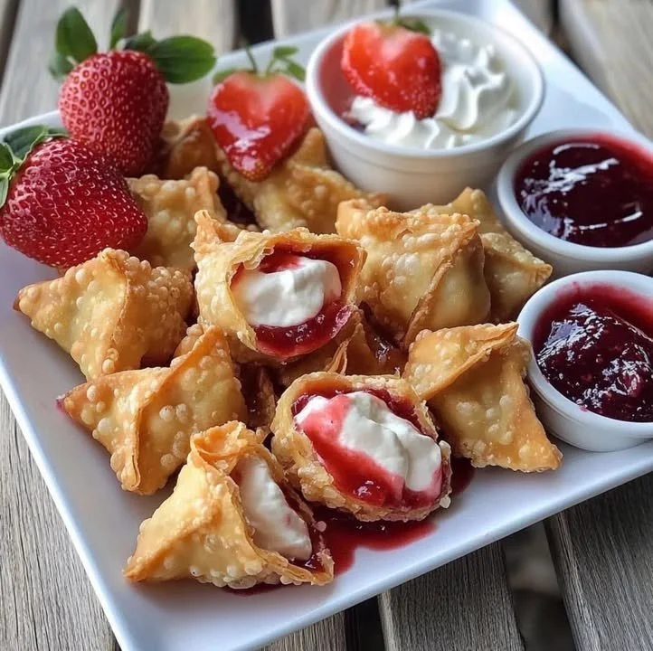Crispy strawberry cheesecake wonton bites served on a plate with fresh strawberries.