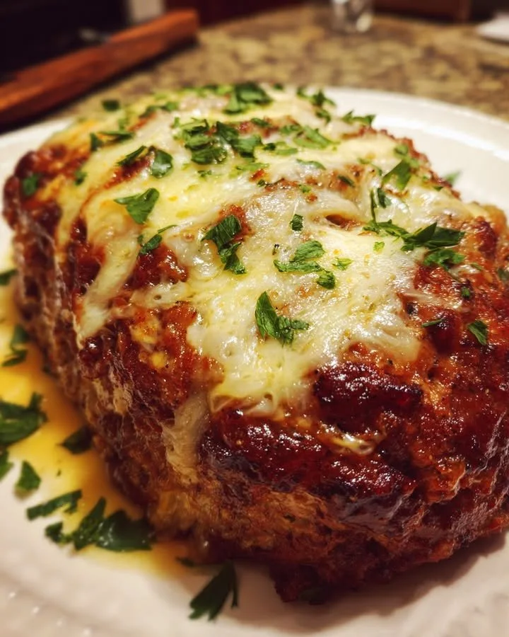 Crockpot French Onion Meatloaf topped with melted Swiss cheese