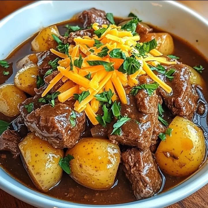 Crockpot Loaded Steak and Potato Bake with melted cheese and fresh herbs