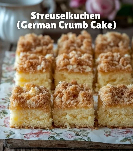 Delicious slice of Crumb Cake (German Streuselkuchen) with a buttery crumb topping.