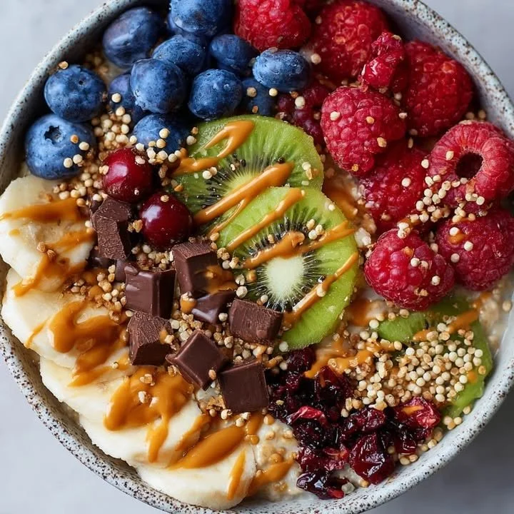 Crunchy chocolate oatmeal bowl with fresh fruit toppings served in a bright dish