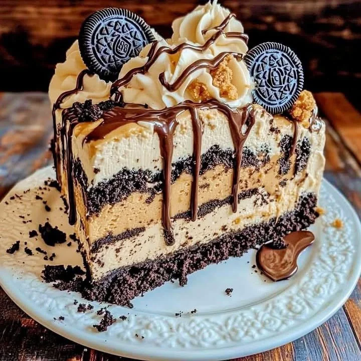 Delicious Peanut Butter Oreo Cake topped with chocolate and peanut butter