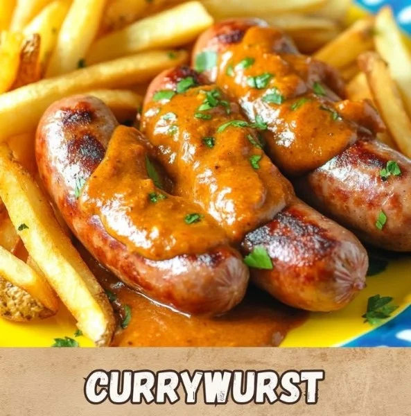 A plate of Currywurst topped with colorful curry powder and served with fries.