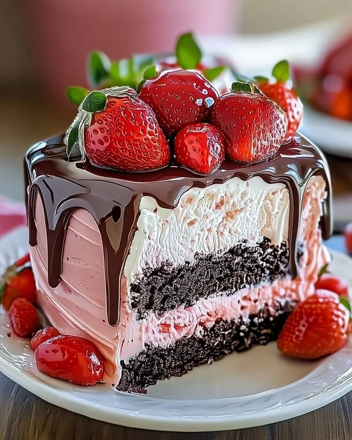 Decadent strawberry chocolate cake topped with ice cream and fresh strawberries.