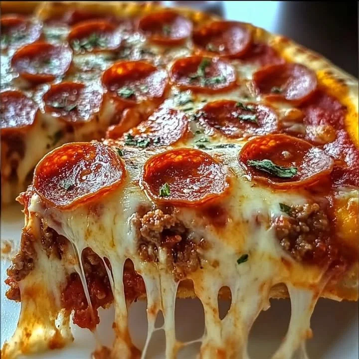 Delicious deep hamburger pie topped with sausage and pepperoni.
