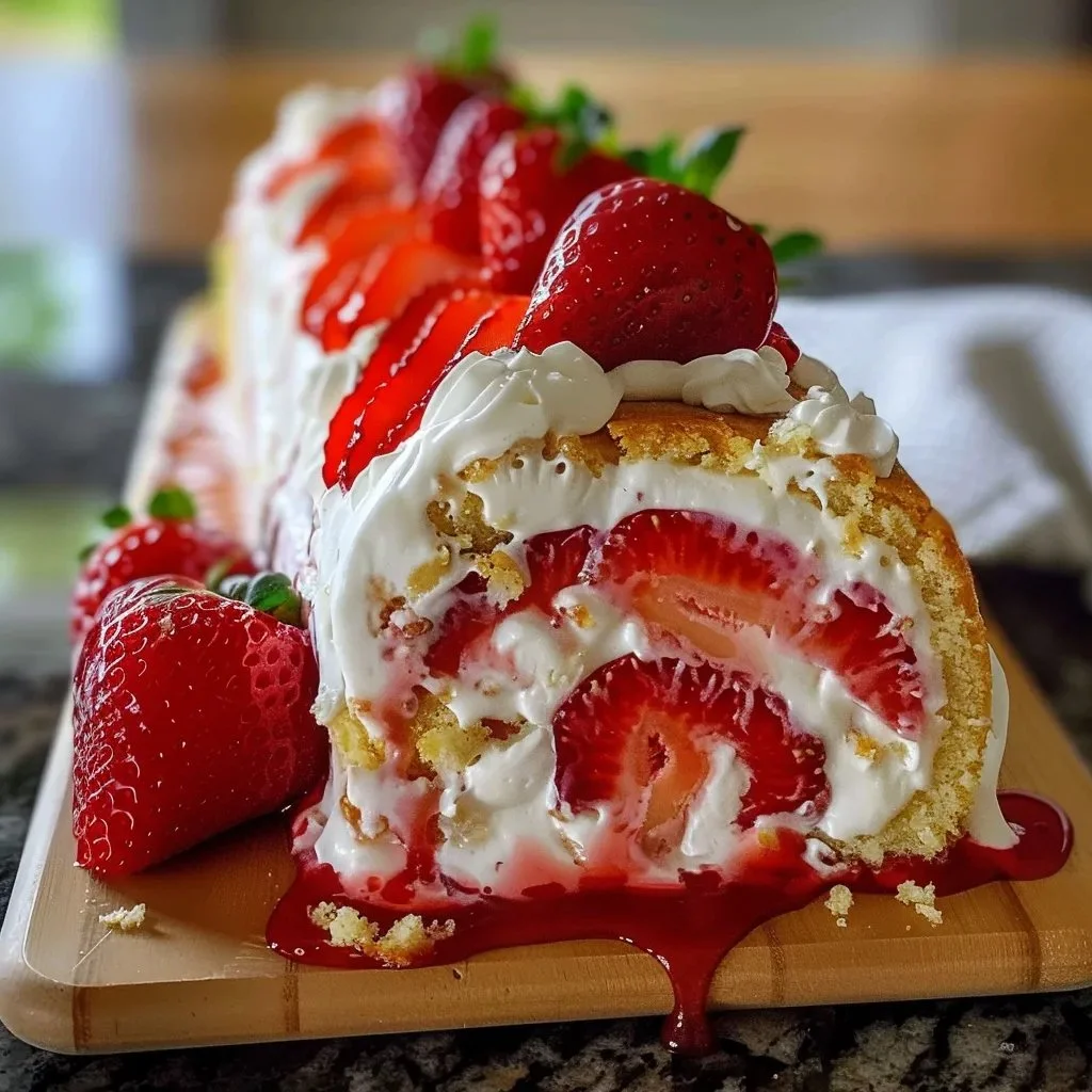 Delicious strawberry shortcake cheesecake roll topped with fresh strawberries
