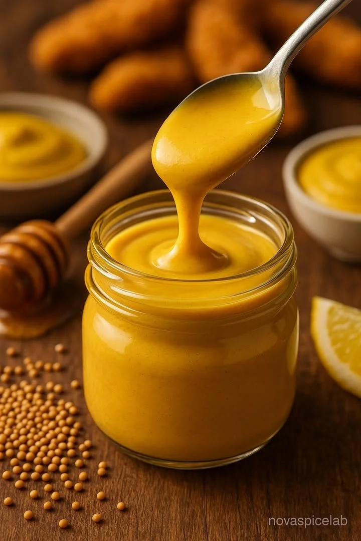 Delicious homemade honey mustard sauce in a glass bowl