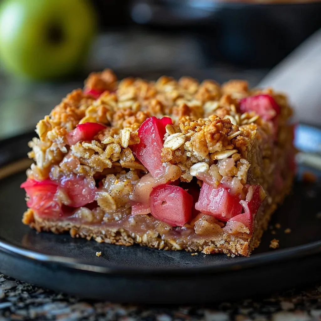 Delicious oatmeal rhubarb bars topped with oats and rhubarb