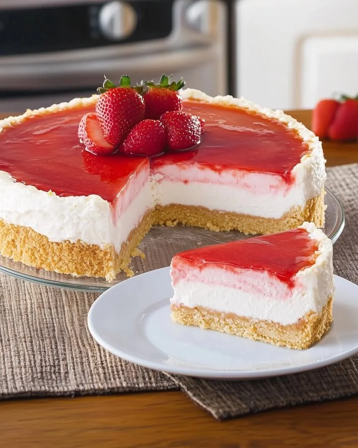 Delicious strawberry cheesecake topped with fresh strawberries and whipped cream