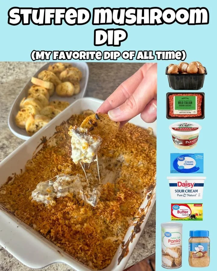 Delicious stuffed mushroom dip served in a bowl with toast for dipping