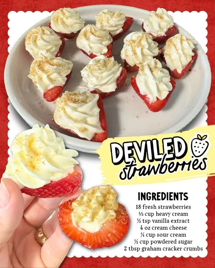 Plate of deviled strawberries filled with creamy topping