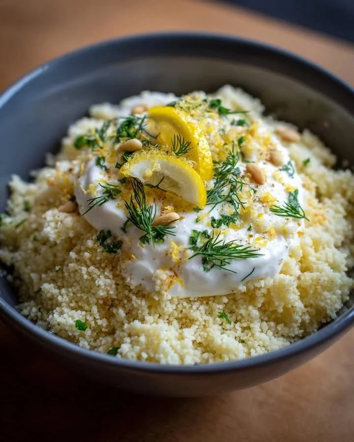 Dill Lemon Yogurt Couscous served in a bowl with fresh herbs