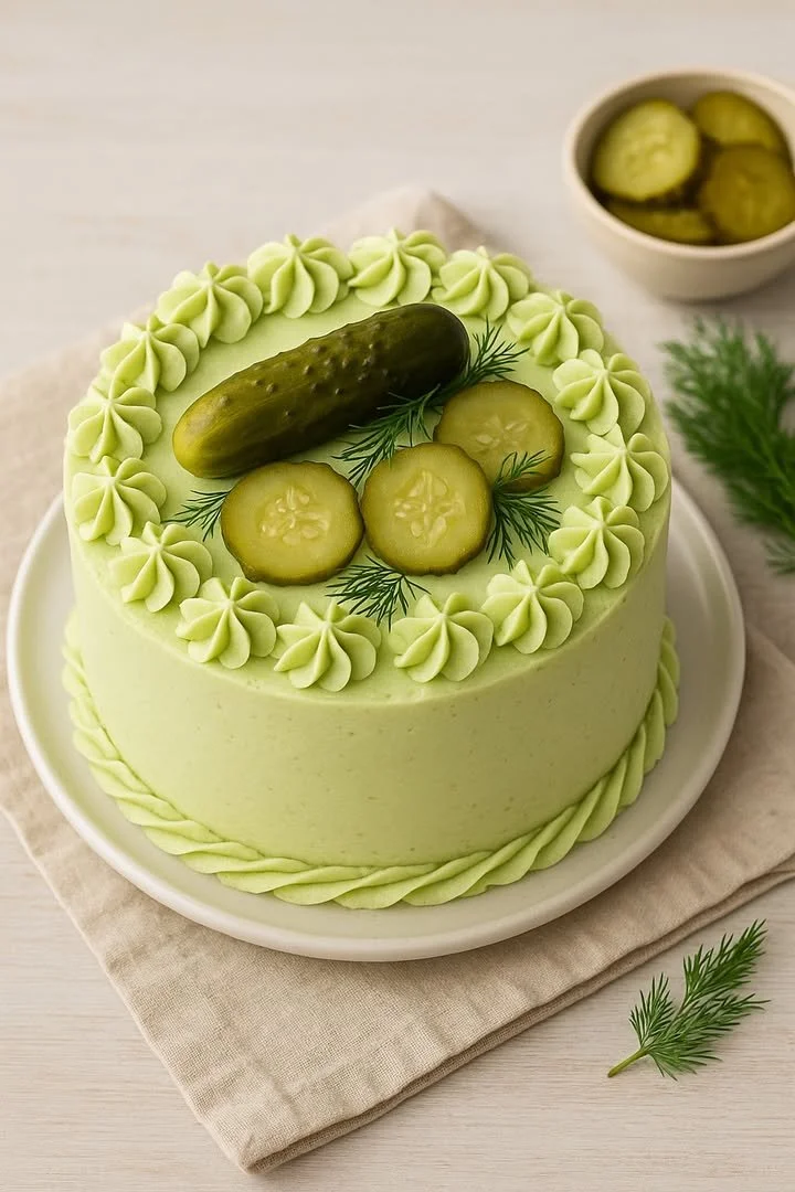 Slice of Dill Pickle Cake showcasing sweet and savory layers
