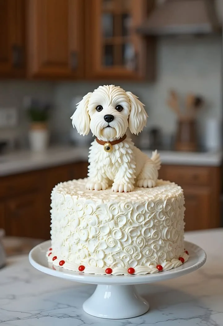 Homemade dog birthday cake decorated with dog-friendly frosting and treats